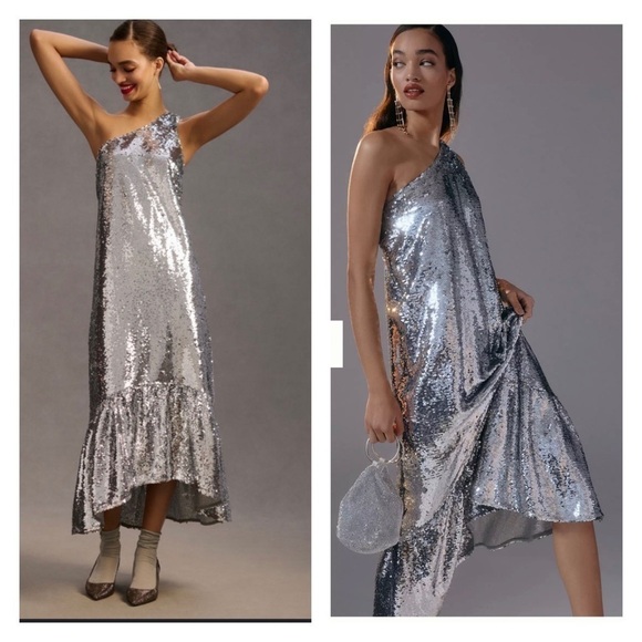 MAEVE Anthropologie One Shoulder Sequin Ruffle Maxi Dress Silver Medium NWT - Picture 2 of 11
